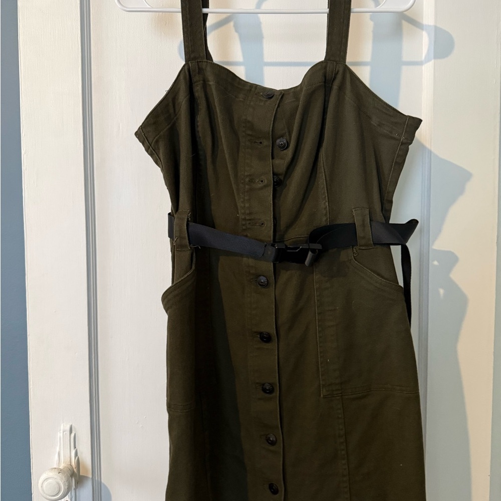 Olive Green Button-Front Midi Dress with Belt
